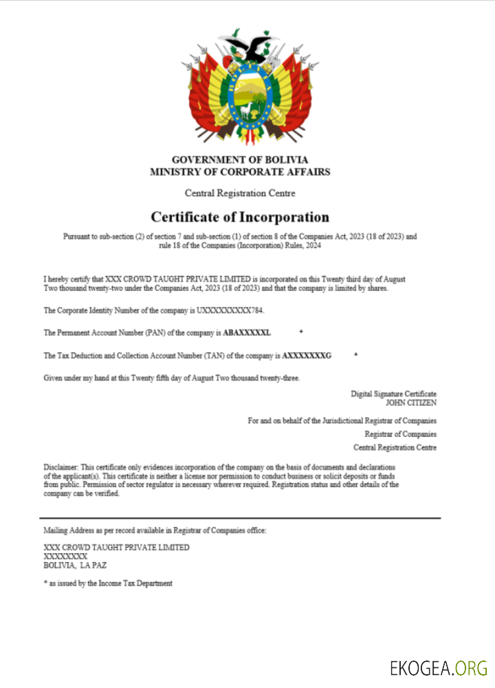 Modèle Word et PDF de certificat d'enregistrement en Bolivie